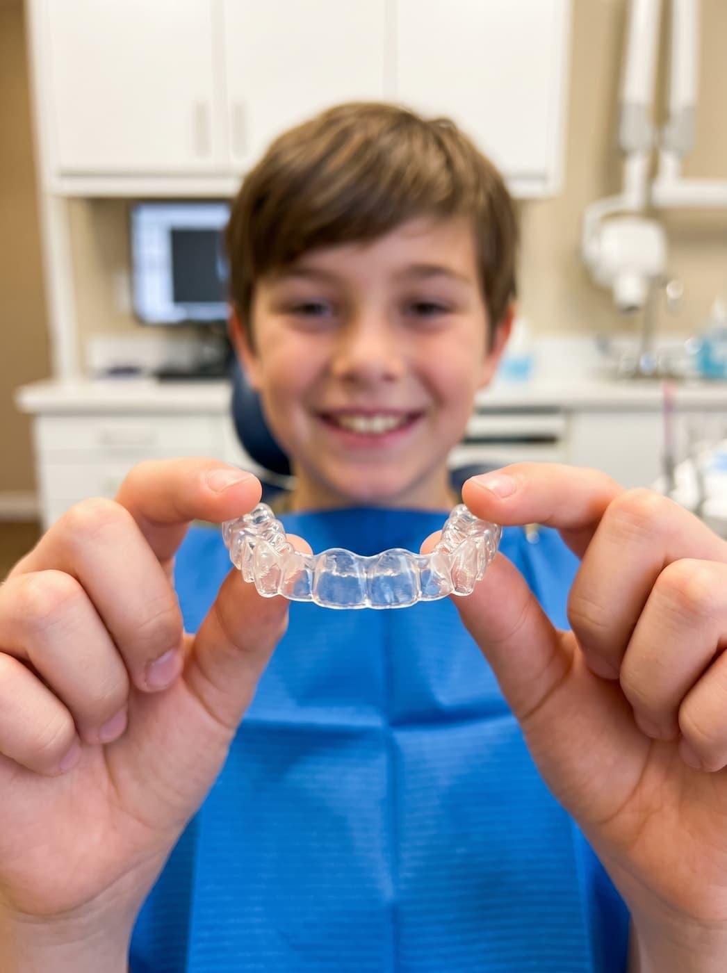 Ragazzo adolescente sorridente che mostra il proprio aligner Invisalign Teen