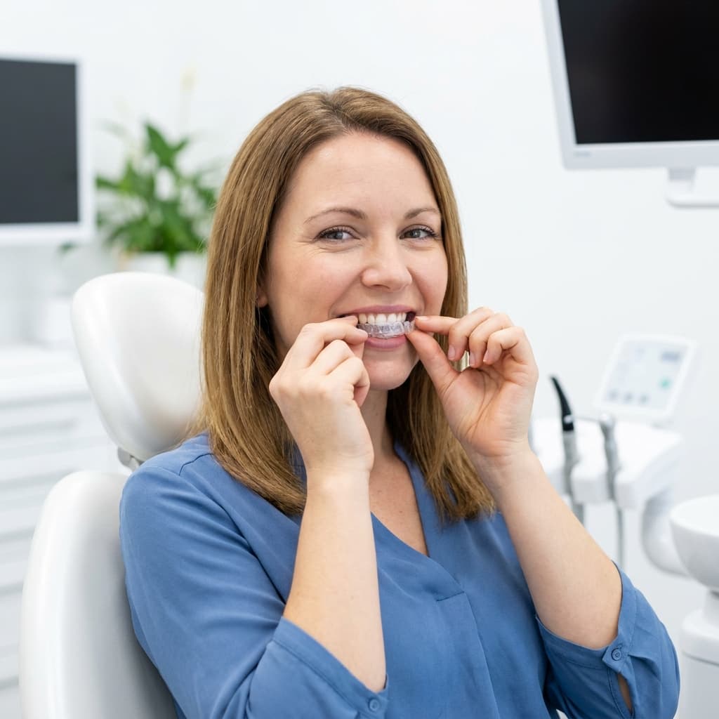Paziente che indossa la prima mascherina Invisalign in studio